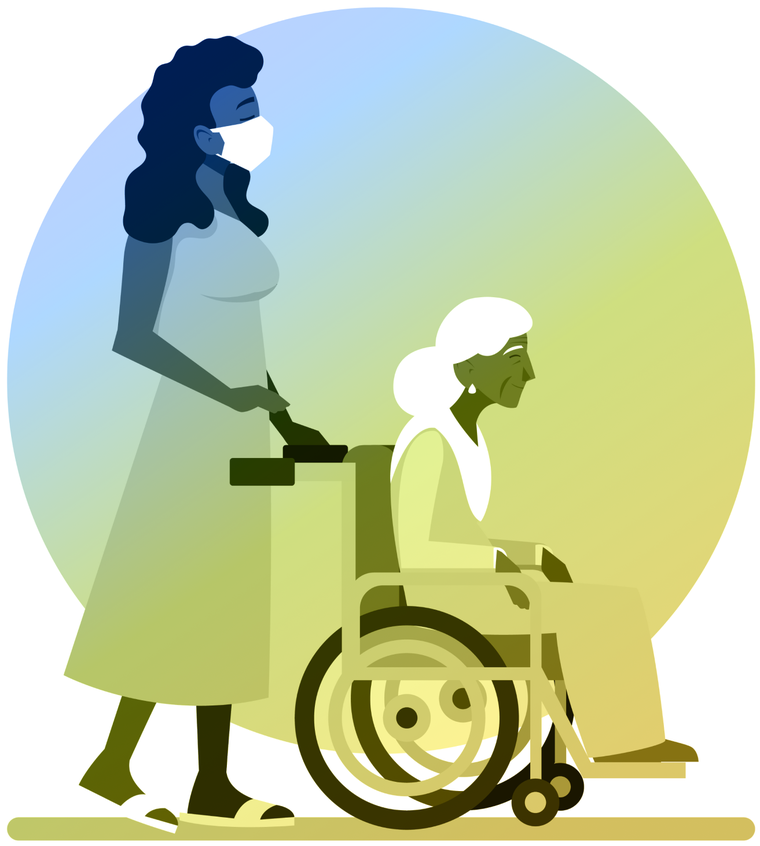 Illustration of a caregiver in a mask pushing an elderly person in a wheelchair, against a soft gradient sun.