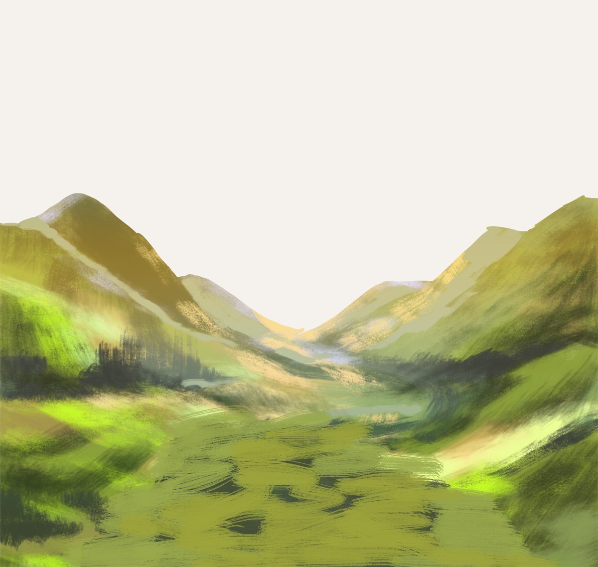 A painted valley in greens and golds, used as a background inside Passage.