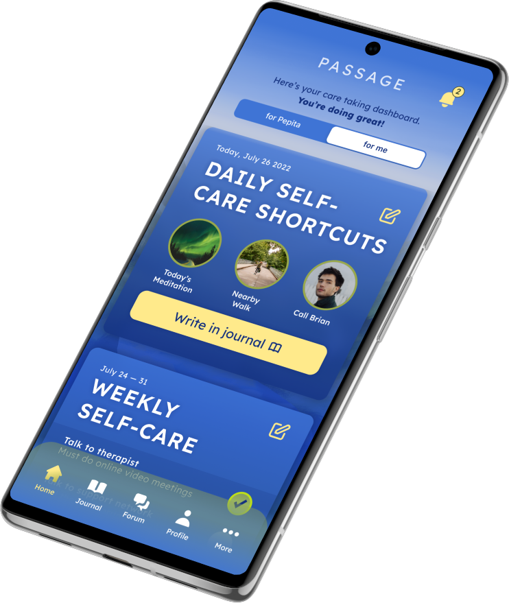 Passage daily self-care shortcuts: today's meditation, a nearby walk, calling a friend, and write in journal.