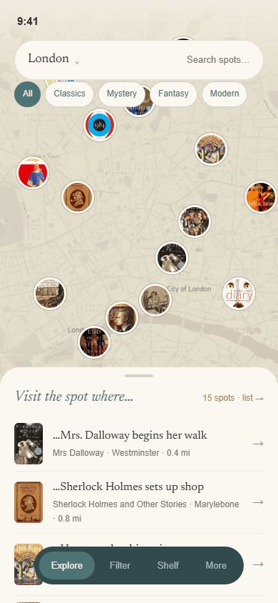 Home map of London with book covers as pins