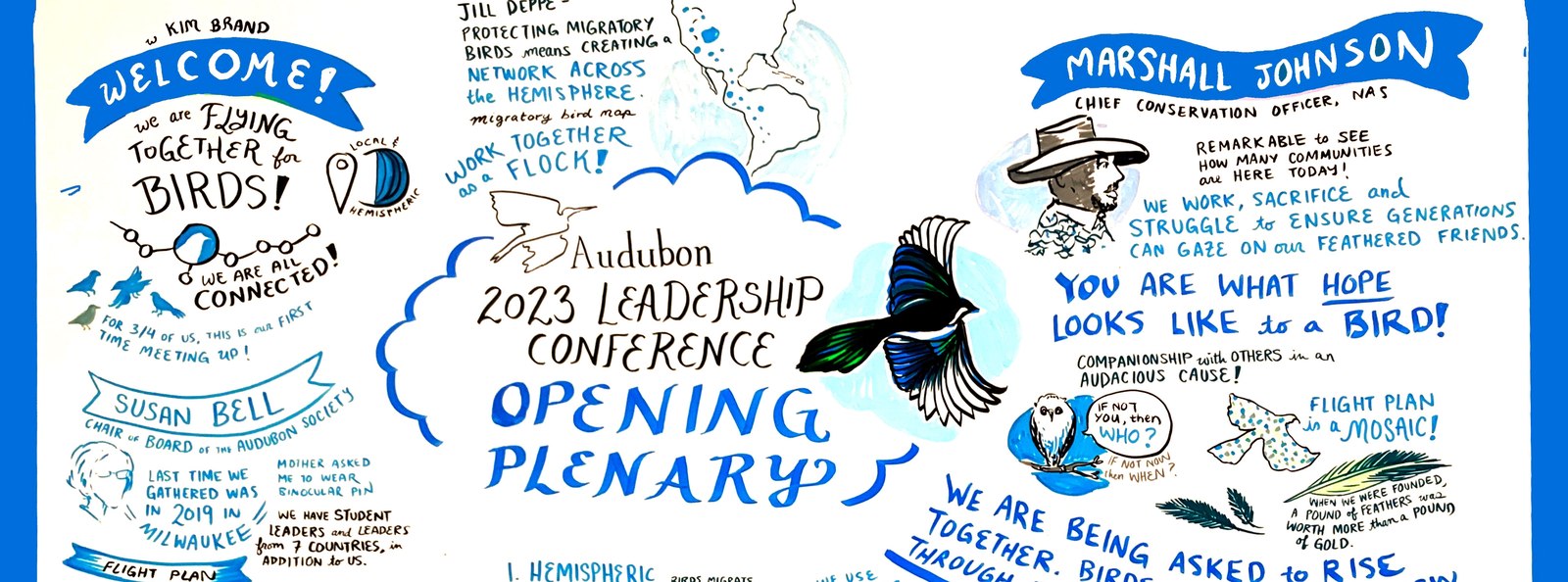 A live drawn conference board for Audubon: portraits and hand lettered session notes.