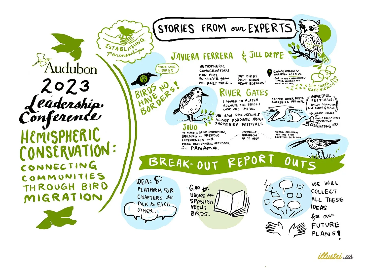 A live drawn conference board titled Hemispheric Conservation, Connecting Communities Through Bird Migration, with drawn birds and hand lettered notes.