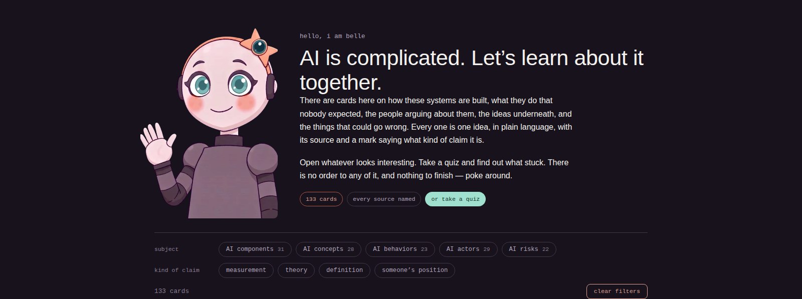 The Belle of the Bot homepage: the mascot Belle waving beside the headline “AI is complicated. Let’s learn about it together,” with the subject and claim-type filter pills below.