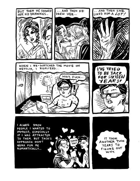 A black and white page: a woman re-watches a film and realises she was always drawn to a character, in six panels ending on the line that it took another two years to figure out why.