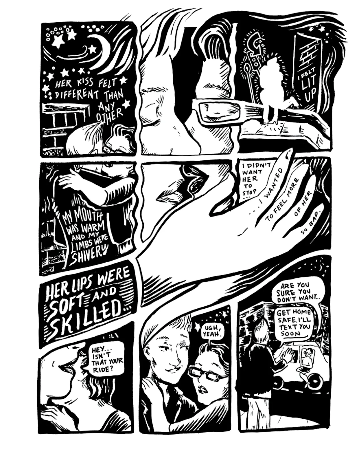 A black and white page drawn in heavy brush: a first kiss with a woman under a night sky, with the narration that her lips were soft and skilled.