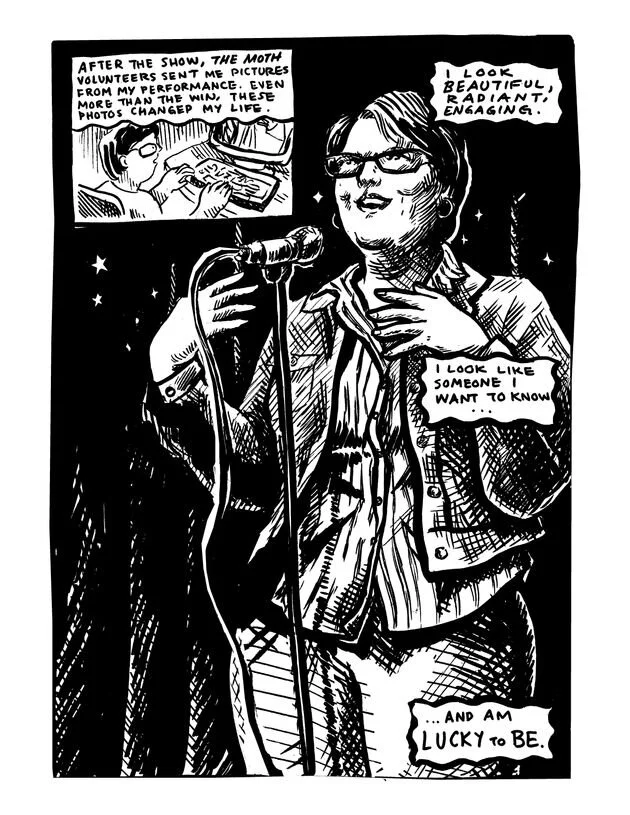 A black and white page: a woman sings into a microphone on a dark stage, with the caption that she looks like someone she wants to know, and am lucky to be.
