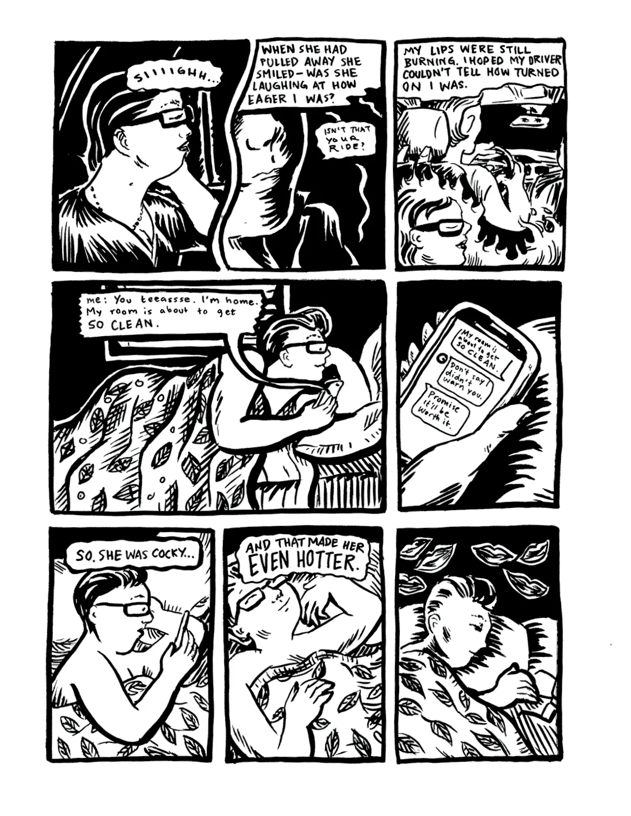 A black and white page of tightly packed panels: two women lying together and talking, with narration about lips still parted and not knowing how to be so clean.