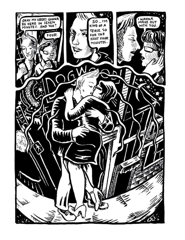 A black and white page: a couple embrace among heavy brushwork, framed by the word DOGWOOD drawn into the branches above them.
