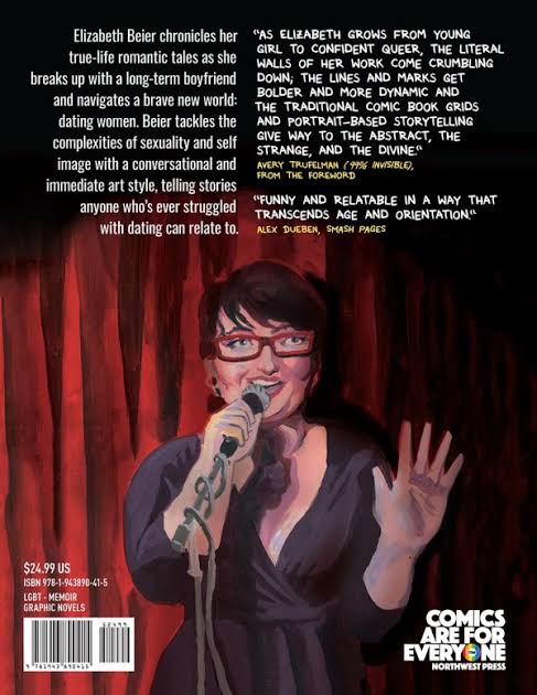 The back cover: a photograph of Elizabeth Beier singing into a microphone against a red curtain, beside the jacket copy and review quotes.