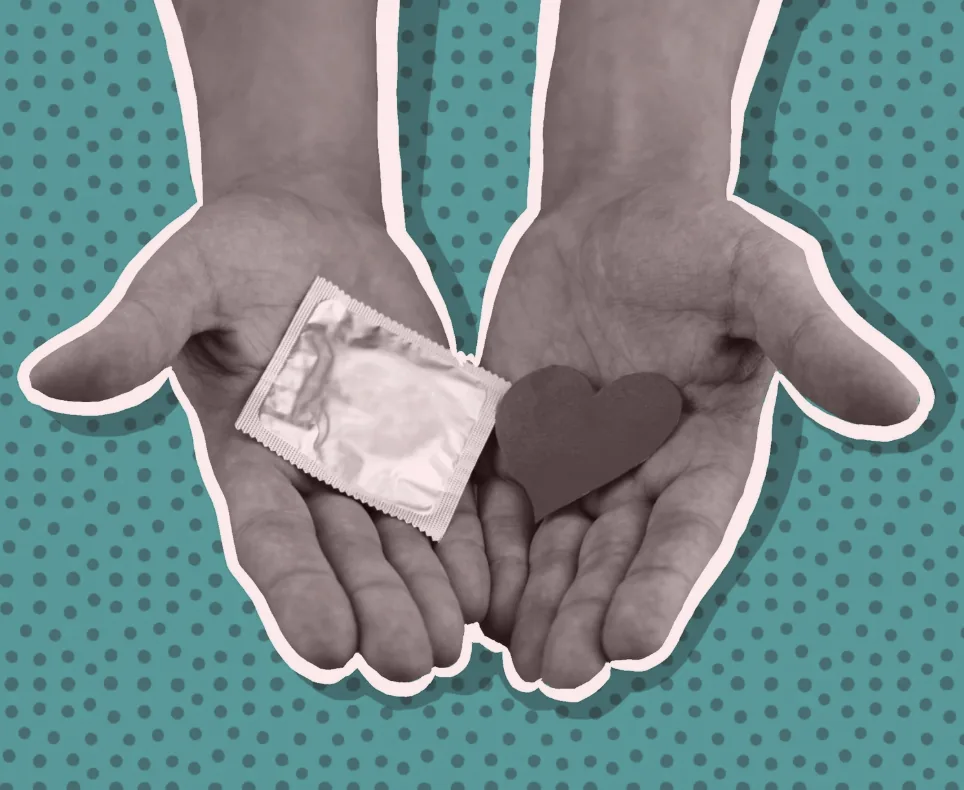 An illustration of two cupped hands holding a wrapped condom and a paper heart, on a teal halftone ground.