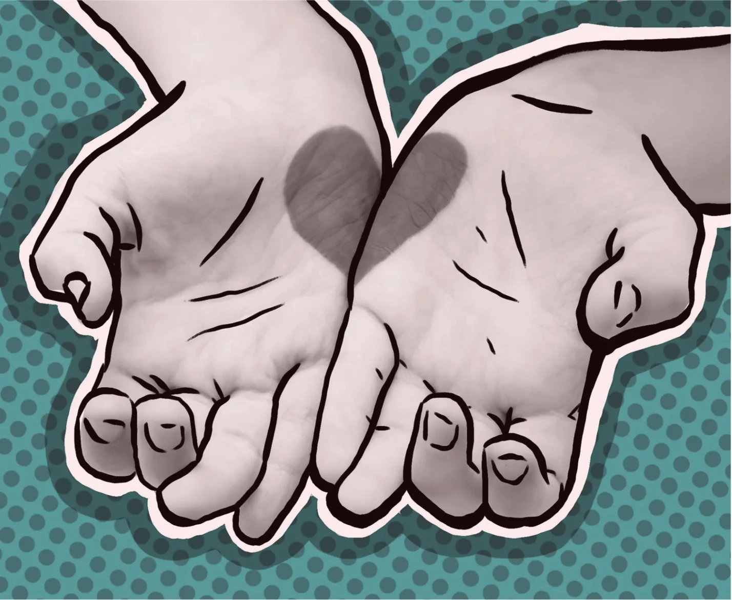 An illustration of two cupped hands on a teal halftone ground.