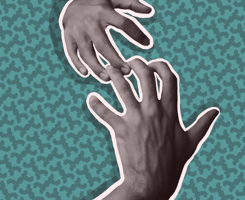 An illustration of two hands reaching toward each other on a patterned teal ground.