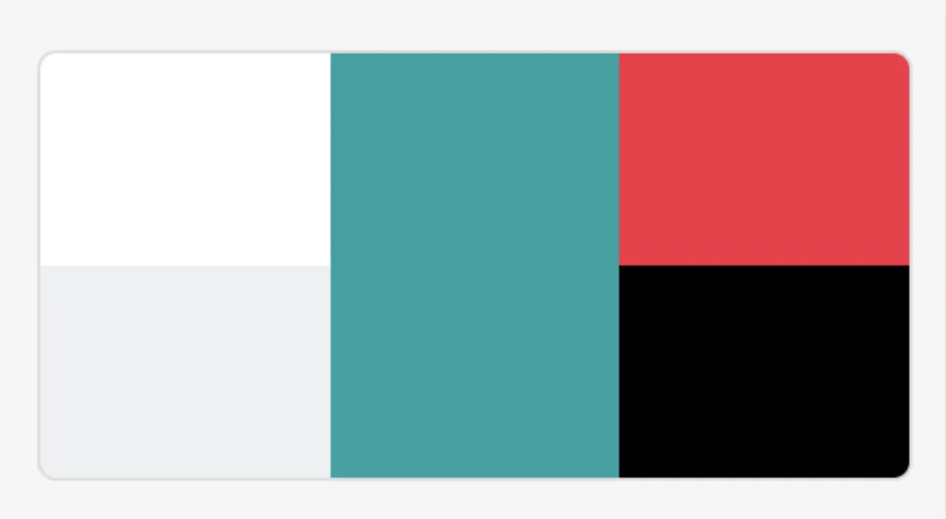 The brand palette: white, off white, teal, red and black.