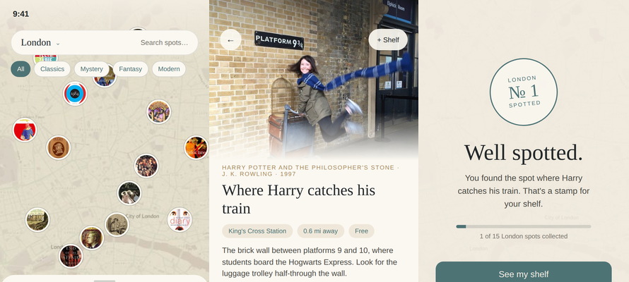 Three Bookspot screens: the map of London spots, a spot detail for Platform 9 and three quarters, and the well spotted stamp.