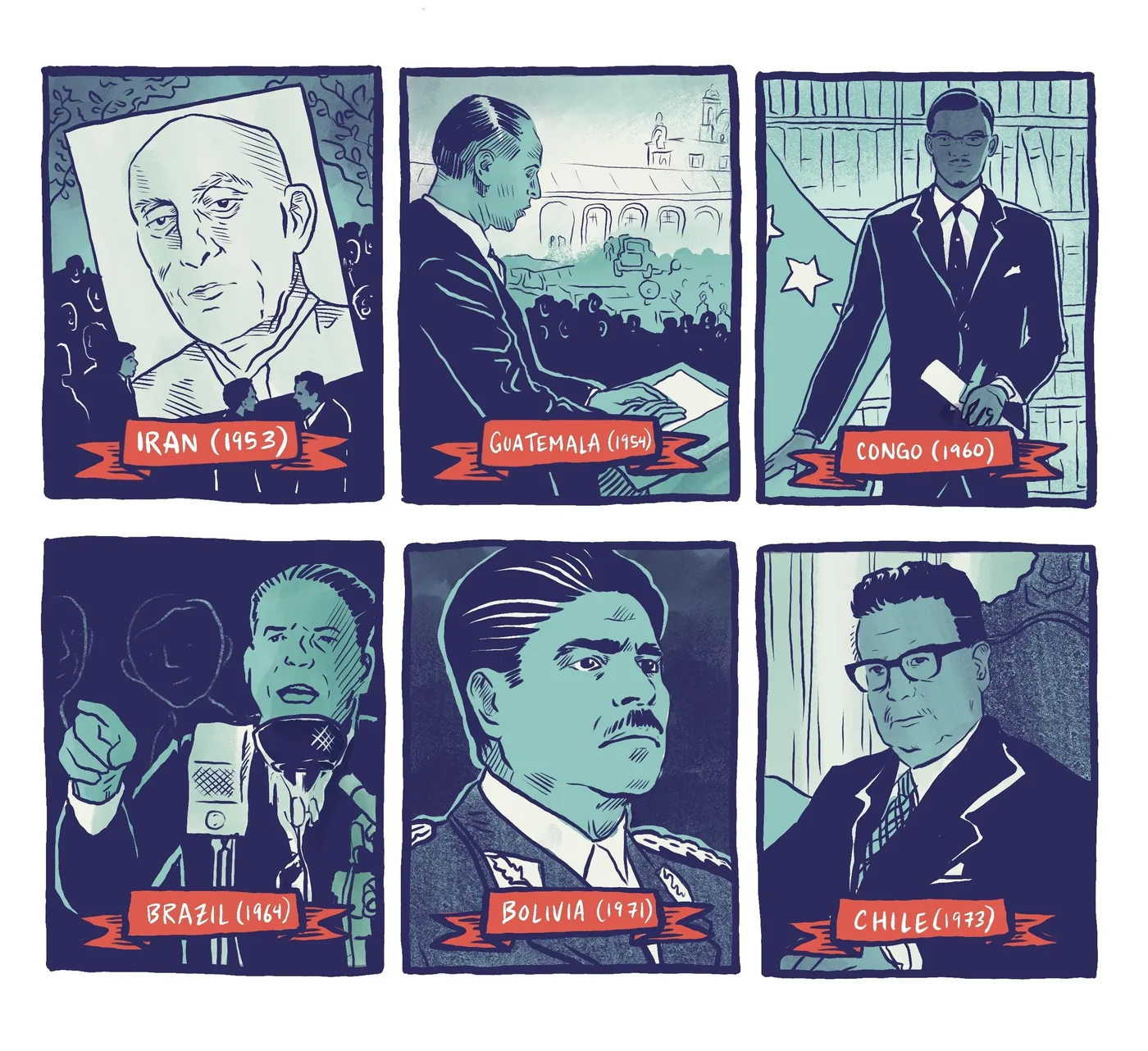 Six portrait panels in teal and navy, each captioned with a country and a year: Iran 1953, Guatemala 1954, Congo 1960, Brazil 1964, Bolivia 1971, Chile 1973.