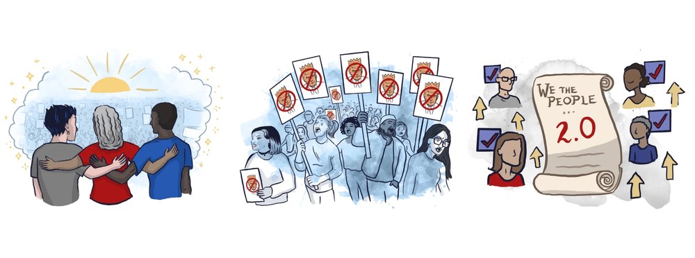Three drawings for Choose Democracy: people embracing beneath a rising sun, a crowd holding placards, and a We the People 2.0 scroll.