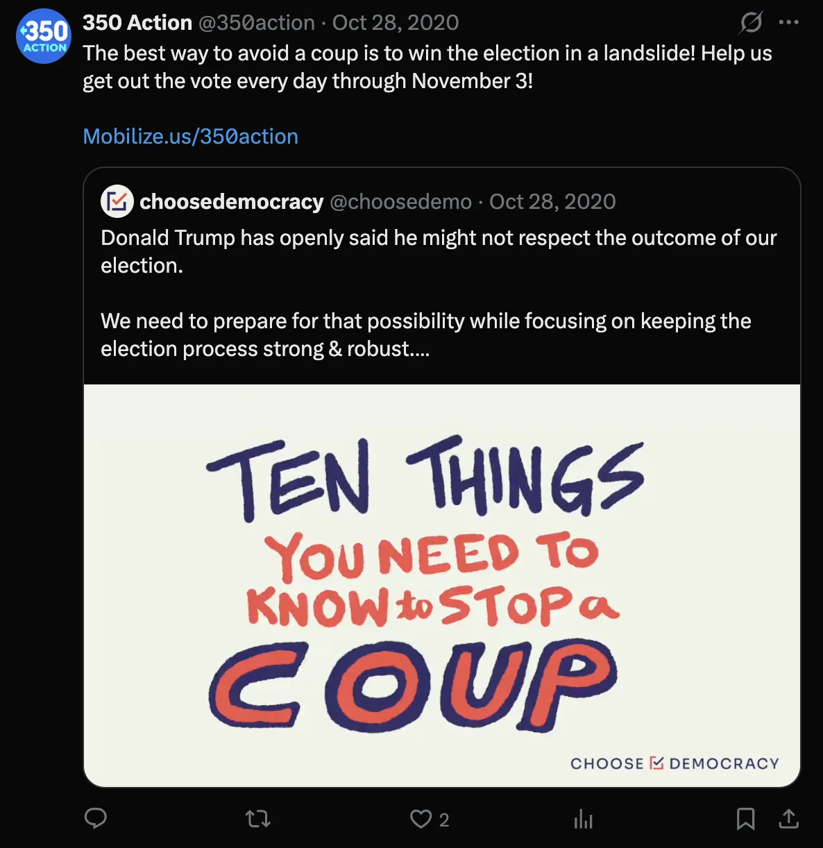 A screenshot of a post from the 350 Action account.