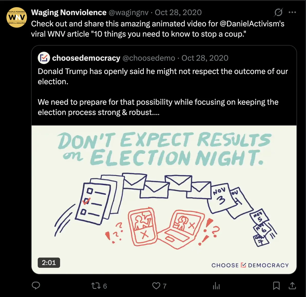 A screenshot of a post from the Waging Nonviolence account.