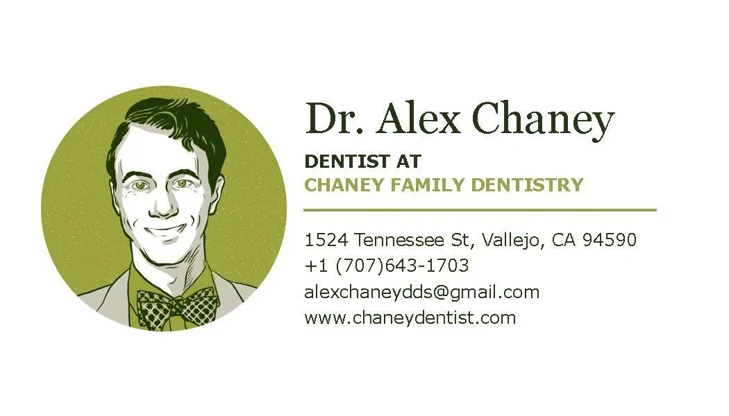 Dr Alex Chaney's business card: his drawn portrait in an olive circle at the left, his name in a serif face, and the practice name, address, phone, email and web address at the right.