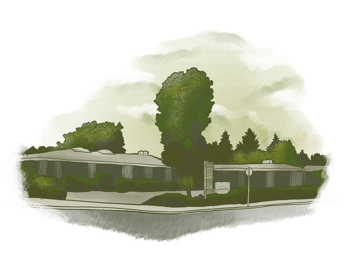 The same building drawn in olive greens and greys, set among loosely drawn trees on a soft white ground, with the street clutter removed.