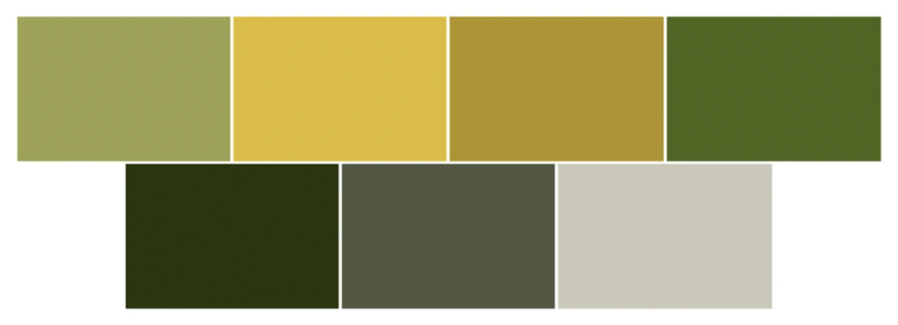 The palette sheet: four swatches on the top row in olive, bright yellow, gold and deep green, and three on the bottom row in near-black green, gray-green and pale stone.