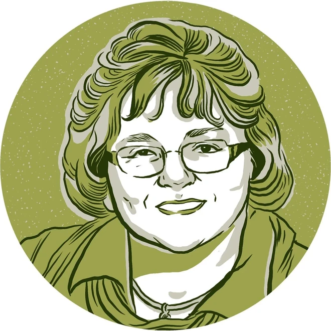 A drawn portrait of a staff member with short curled hair and wire-framed glasses, on the same olive-green circle.