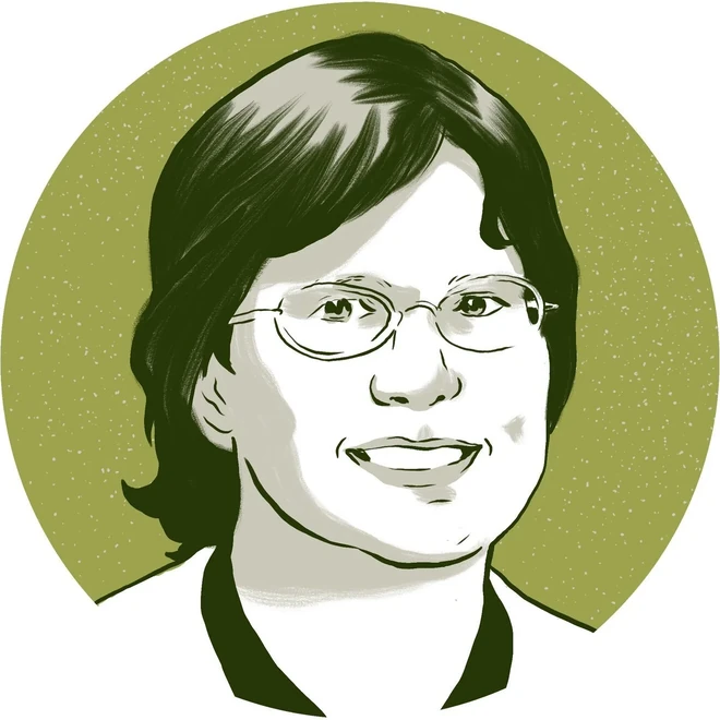 A drawn portrait of a staff member with straight dark hair and oval glasses, on the same olive-green circle.