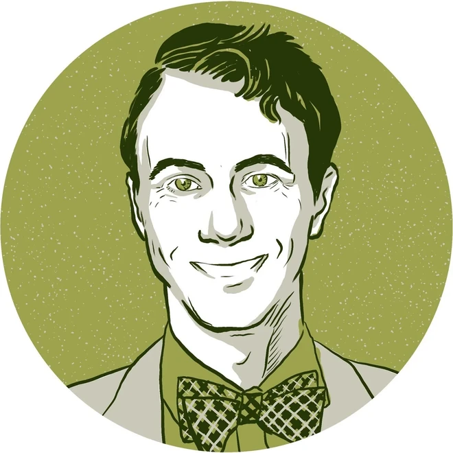 A drawn portrait of Dr Alex Chaney, a younger man in a checked bow tie, on a flat olive-green circle.