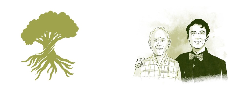 The rooted oak mark for Chaney Family Dentistry beside the drawn portrait of the father-and-son dentists.