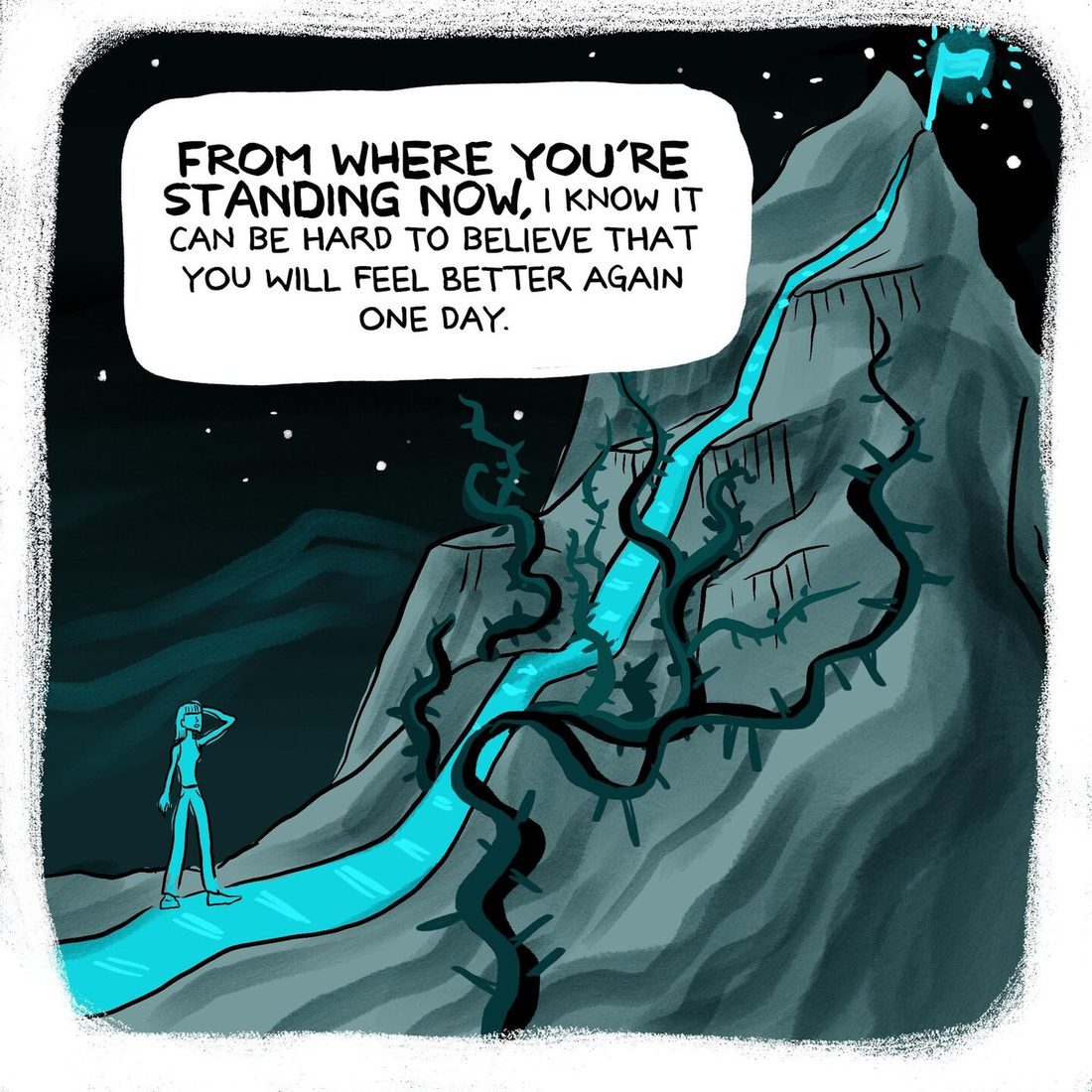 At night, a small lone figure stands at the bottom of a glowing turquoise path, shading her eyes to look up a steep grey mountain tangled with dark thorny brambles; a tiny lit flag marks the distant summit under a starry sky. A white caption box floats at the upper left.