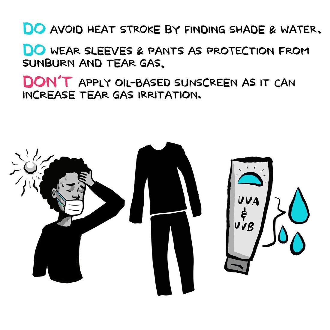 A masked person with an afro wipes their forehead under a beating sun drawn with radiating lines, next to a black long-sleeved shirt and pants laid out flat, and a tube of sunscreen labeled "UVA & UVB" with teal droplets beside it. The heading reads "DO avoid heat stroke by finding shade & water. DO wear sleeves & pants as protection from sunburn and tear gas. DON'T apply oil-based sunscreen as it can increase tear gas irritation."
