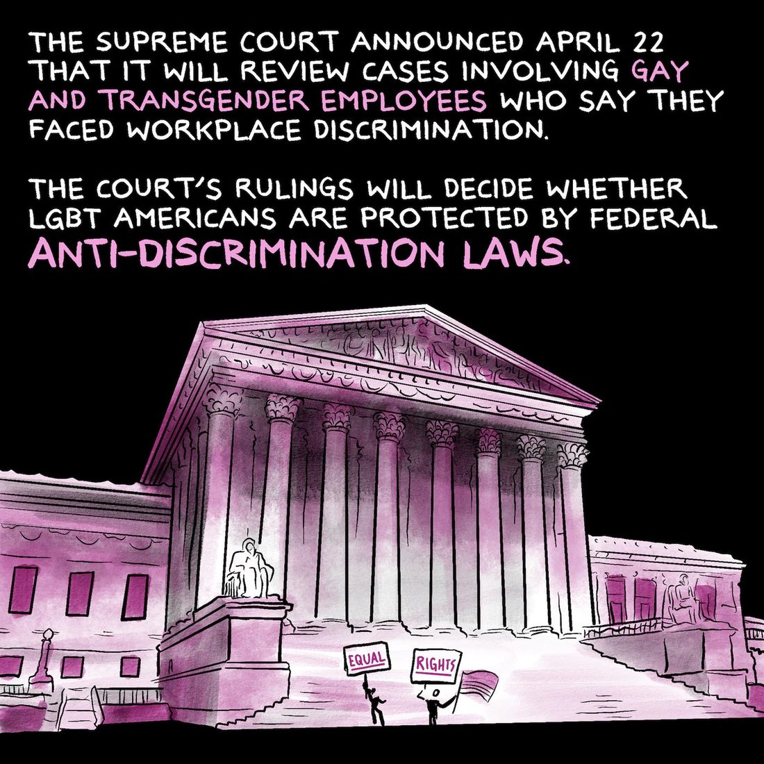 Hand-lettered white and magenta text fills the top half of a black square, above the same magenta drawing of the Supreme Court building with two small protesters holding EQUAL and RIGHTS signs on the steps.