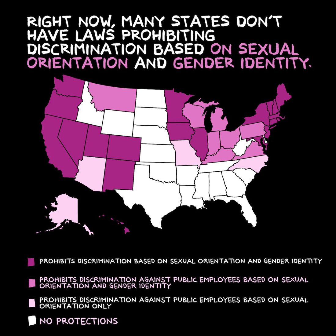 A hand-drawn map of the United States on black, with each state filled in one of four shades from deep magenta to white according to a legend below it; most of the South, the Plains and the Mountain West are left white for no protections, while the West Coast, Southwest and Northeast are dark magenta. Hand-lettered white and magenta text sits above the map and a four-swatch key runs across the bottom.