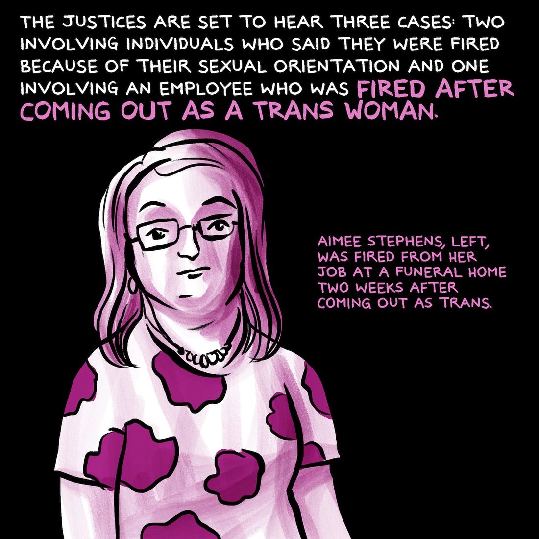 A magenta-and-white brush portrait of a woman with shoulder-length hair, rectangular glasses, a beaded necklace and a floral-print top, looking calmly at the viewer from the left side of a black square. Hand-lettered white and magenta text runs across the top, and a smaller magenta caption sits to the right of her shoulder.
