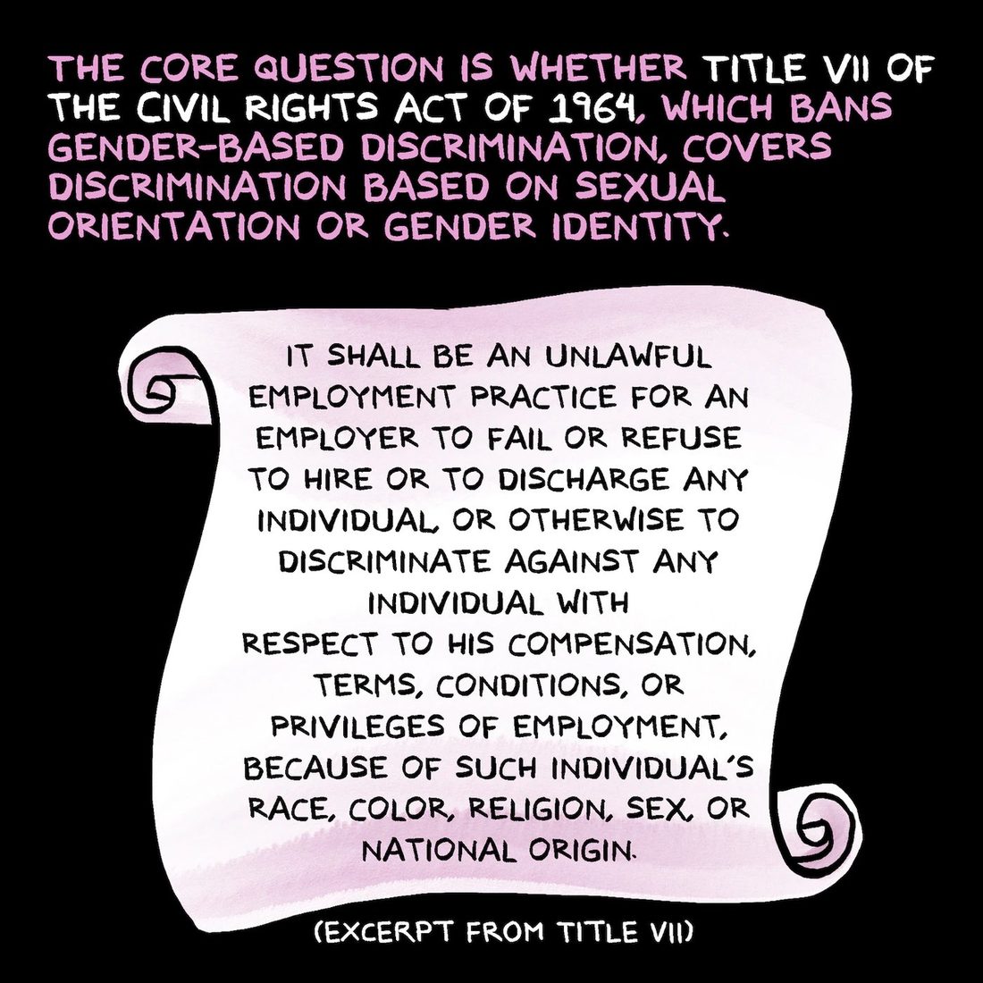 A pale pink watercolor scroll with curled ends floats on a black background, filled with hand-lettered black statutory text, with a parenthetical credit lettered in white beneath it. Magenta and white hand lettering fills the space above the scroll.