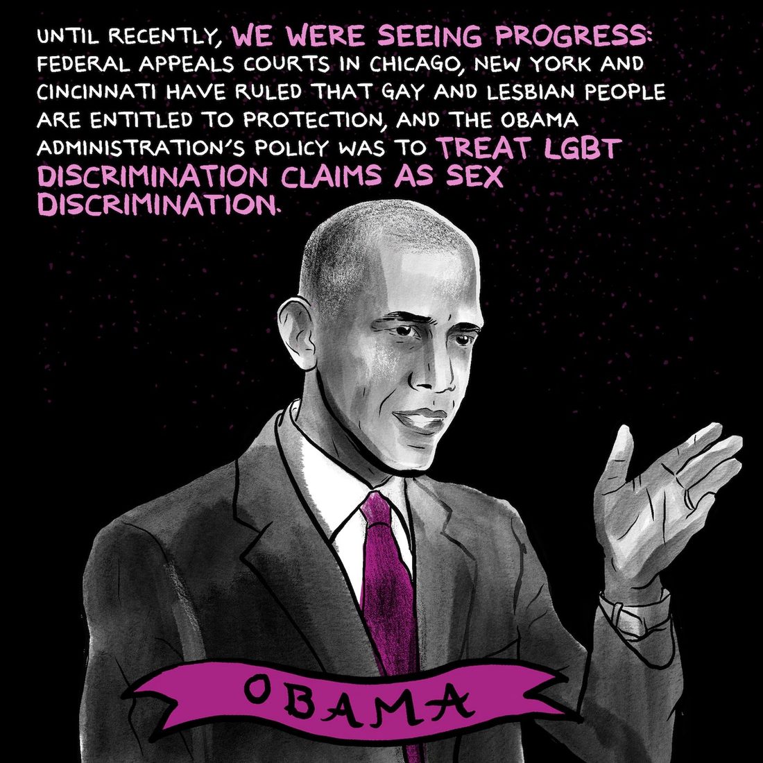 A grayscale brush portrait of Barack Obama in a dark suit with a magenta tie, one hand raised open-palmed mid-gesture, set against black flecked with small magenta specks. A magenta ribbon banner across the bottom is lettered with his name, and hand-lettered white and magenta text fills the top.