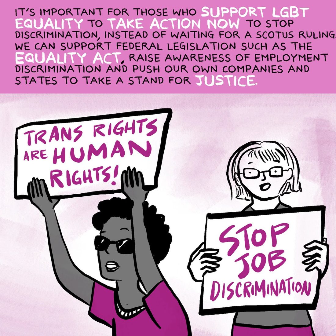 Two protesters against a pink wash: a Black woman in sunglasses and a magenta top raises a large hand-lettered sign overhead, and behind her a smiling woman with glasses and short hair holds another sign at chest height. Hand-lettered white and magenta text fills a pink band across the top of the panel.