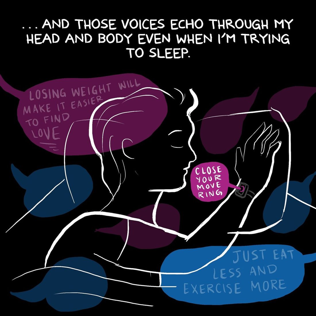 The woman lies in bed in profile, eyes closed, one arm raised so she can look at her smartwatch, all drawn in white outline on black. Dimmed, half-faded blue and magenta speech balloons float around and behind her head and body, their lettering grey and receding; a small bright magenta balloon points out of the watch face.