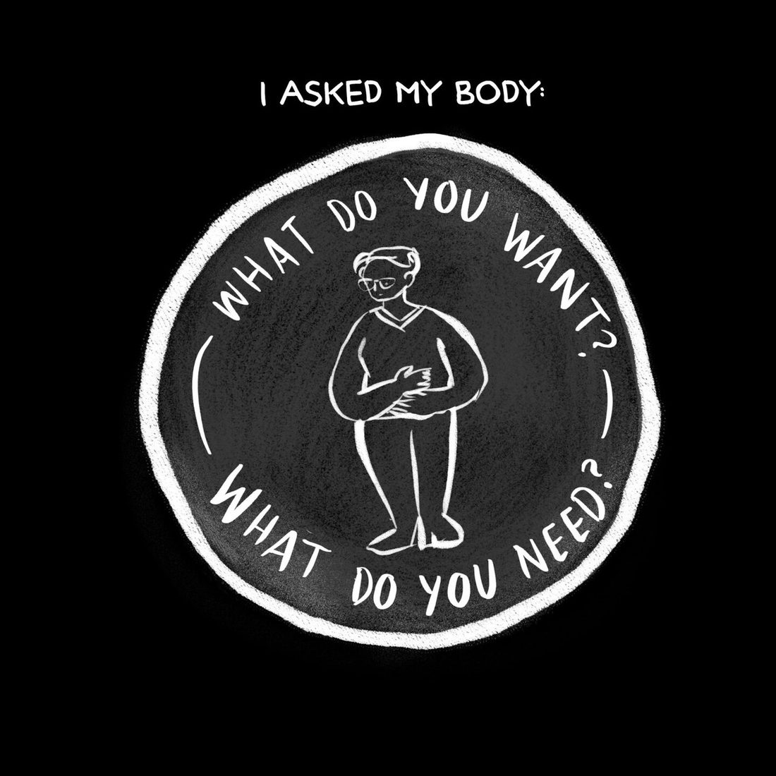 A chalk-textured dark circle sits centred on black, its two questions hand-lettered in white curving around the inside of the rim. Within it the woman in glasses stands alone in a V-neck sweater, arms folded across her stomach, looking down.