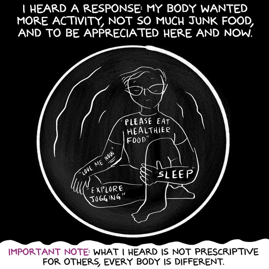 Inside a chalky dark circle the woman sits cross-legged with eyes closed and hair floating outward, drawn in white outline. Short quoted phrases are lettered directly onto her body: across her chest, along her forearm, on her hand, and on her knee. A caption runs above the circle and a note in magenta and white runs along a torn white strip at the bottom.