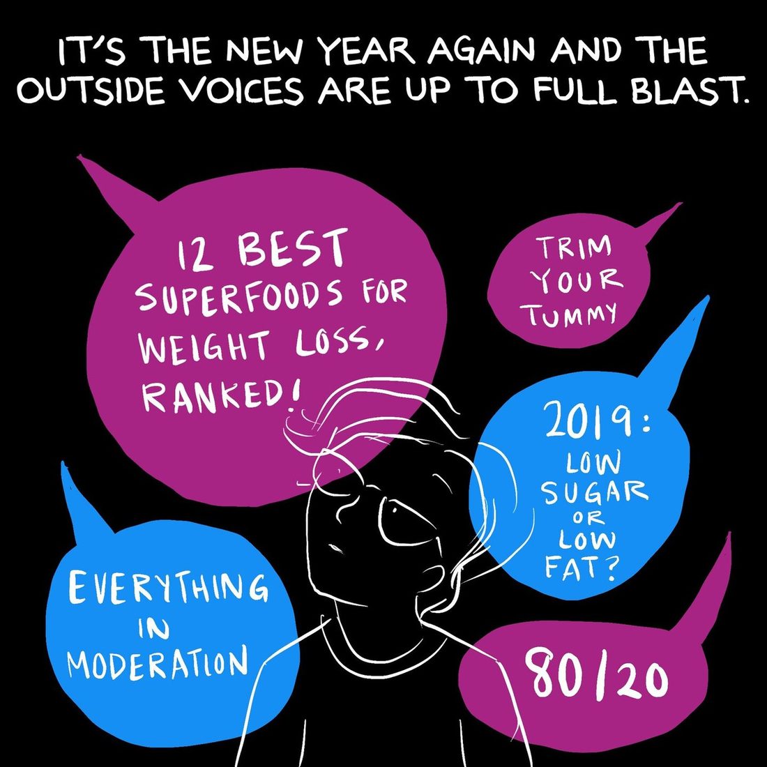 The woman's head and shoulders are drawn in white outline low in the black panel, eyes rolled sideways and mouth tight, hemmed in on every side by five pointed blue and magenta speech balloons that crowd against her face.