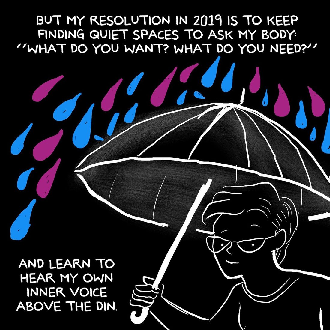 The woman in glasses holds up an open umbrella, drawn in white outline on black, with a small closed-mouth smile. Solid blue and magenta teardrops fall at an angle from the upper left and are stopped by the canopy. A three-line caption sits above and a four-line caption at the lower left.