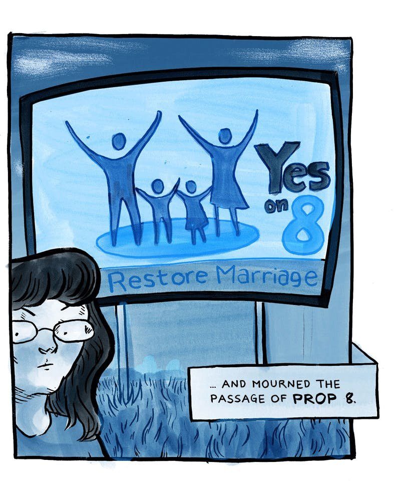 A grim faced woman with long dark hair and glasses stands beneath a roadside billboard showing a stick figure family with arms raised and the words Yes on 8, Restore Marriage. The caption says she mourned the passage of Prop 8.