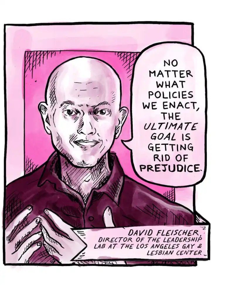 A pink toned portrait of a bald man in a dark buttoned shirt, hands raised mid gesture. A banner names him David Fleischer, director of the Leadership Lab at the Los Angeles Gay and Lesbian Center, and his balloon says that no matter what policies we enact, the ultimate goal is getting rid of prejudice.