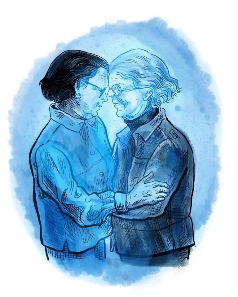 Two older women in glasses and coats stand forehead to forehead, holding each other's hands and arms, drawn entirely in blue ink and wash against a soft blue halo. There is no lettering.