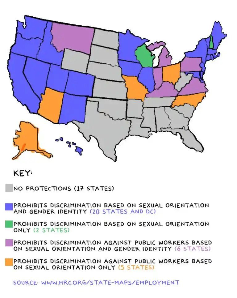 A hand drawn map of the United States colour coded by employment protections, above a hand lettered key covering states with no protections, states prohibiting discrimination on sexual orientation and gender identity, states covering sexual orientation only, and states covering public workers. The source line credits the Human Rights Campaign state maps.