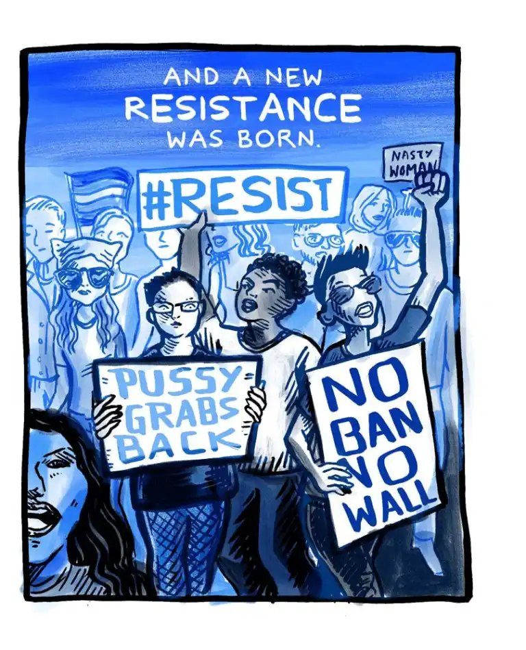 A dense blue crowd of protesters fills the frame under a bright sky, raising a rainbow flag, a fist and several hand lettered signs. White lettering across the sky reads that a new resistance was born.