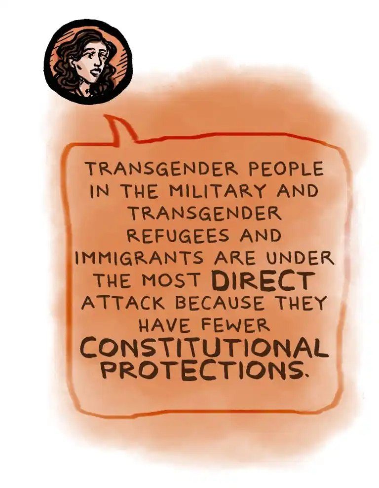 A small circular inset portrait of Brynn Tannehill in the upper left feeds a large orange speech balloon filling the page, saying that transgender people in the military and transgender refugees and immigrants are under the most direct attack because they have fewer constitutional protections.