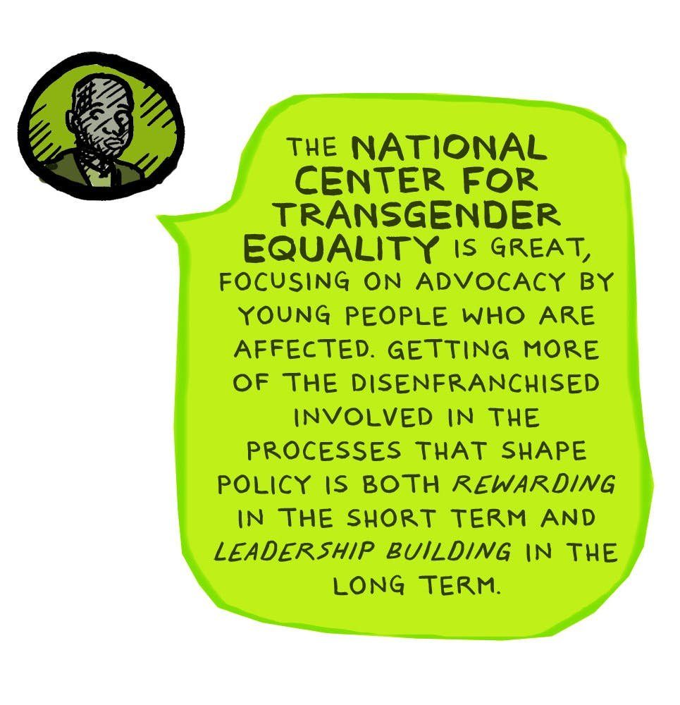 A small round inset portrait of Milton Davis in the upper left connects to a large lime green speech balloon filling the page, praising the National Center for Transgender Equality for focusing on advocacy by young people who are affected, and noting that getting more of the disenfranchised involved in the processes that shape policy is both rewarding in the short term and leadership building in the long term.