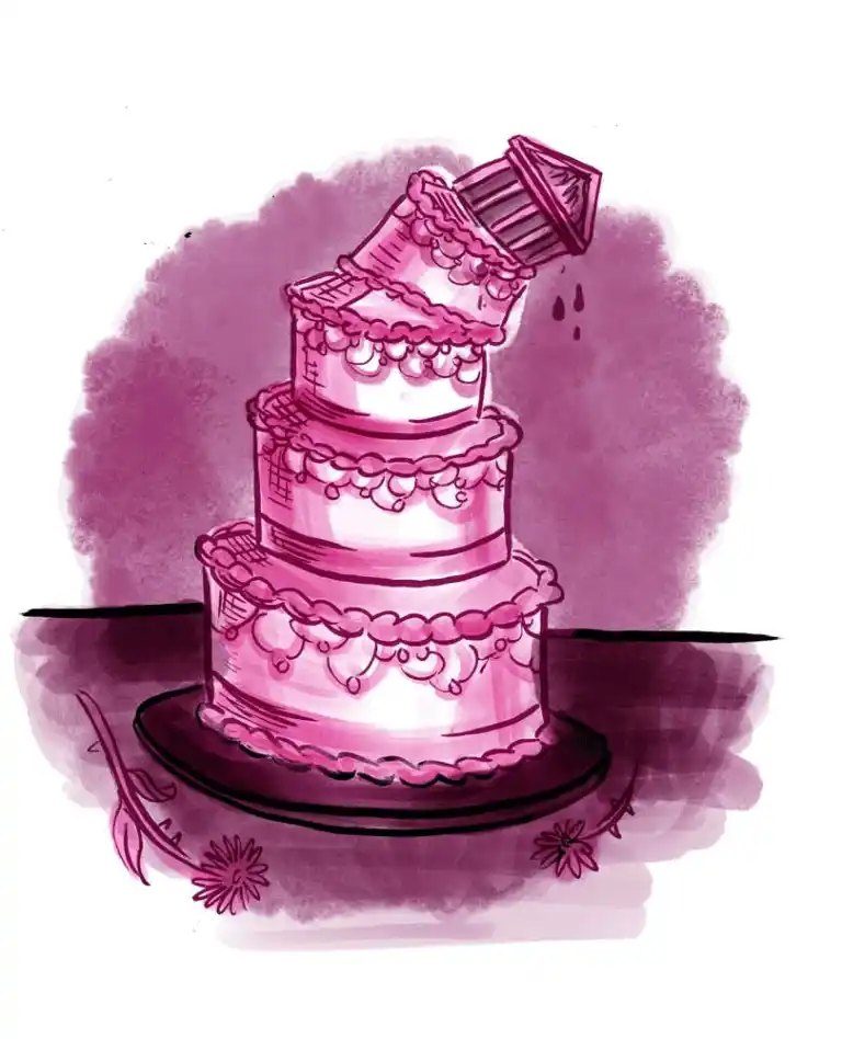 A four tier pink wedding cake sits on a dark plate, its top tier knocked loose and toppling sideways with drips falling from it, against a mottled magenta wash. There is no lettering.